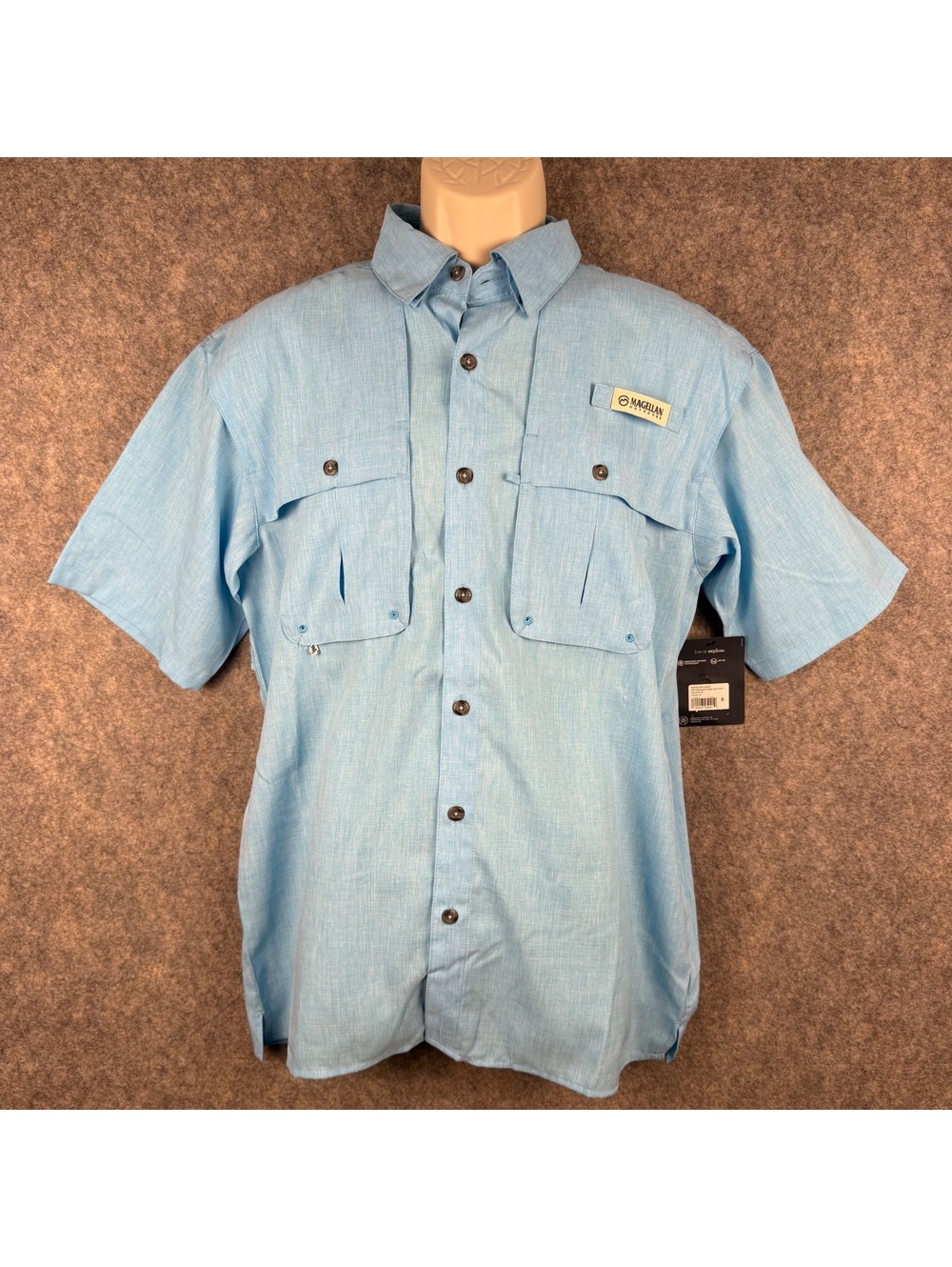 Magellan Fish Gear Short Sleeve Button Shirt Aqua Blue Men Size Small NWT 912